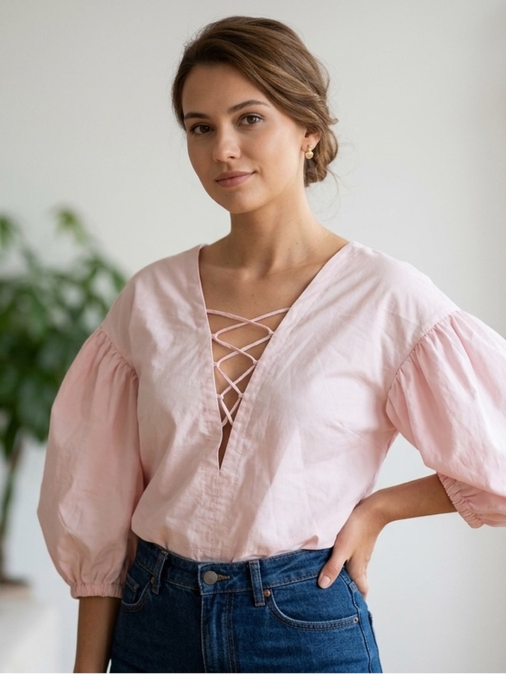 ESSUE Pastel pink Puff Sleeves Top Size L Women Cotton Blend Casual V25